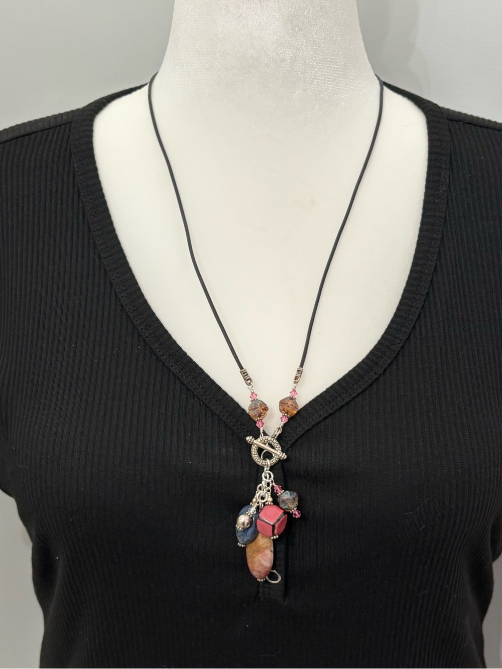 Multicolor Stone Charm Necklace with Black Cord